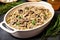 portioned beef stroganoff in a serving dish