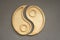 Portioned wooden yin yang dish on a gray background. Empty plate or tray, top view. combination plate