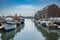 Portland docks with boats, pier, and buildings, in Portland, Maine