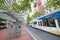 PORTLAND, OREGON - AUGUST 21, 2017: Tram speeds up along city st