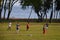 Porto Alegre, Rio Grande do Sul,Brazil - children play football near the lake