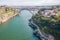 Porto bridge aerial river with a boat