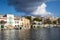 Porto Colom harbour with boat shelters