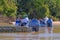 PORTO JOFRE, MATO GROSSO, BRAZIL, JULY 27, 2018: Tourists and guide on boat tour for Jaguar wildlife watching, Pantanal