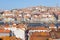 Porto panoramic landmark with boats river Douro. Old buildings with brick roofs by river Douro in Porto, Portugal.