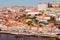 Porto panoramic landmark with boats on sunny day filtered. Old buildings with brick roofs by river Douro in Porto, Portugal.