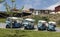 Porto, Portugal, June 15, 2018: Many taxis Tuk Tuk with three wheels at a stop in the historic center of the city of Porto,