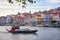 Porto, Portugal old town ribeira aerial promenade view with colorful houses, traditional facades, old multi-colored houses with