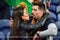 PORTO, PORTUGLAL - June 09, 2019: PORTUGUESE Young couple kisses in the stands for spectators after the UEFA Nations League Finals