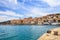 Porto Santo Stefano seafront and village skyline. Argentario, Tuscany, Italy