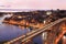 Porto skyline and Douro River at dusk with Dom Luis I Bridge on the foreground