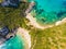 Porto Timoni beach at Afionas is a paradise double beach with crystal clear azure water in Corfu, Aerial view, Ionian island,