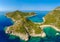 Porto Timoni beach at Afionas is a paradise double beach with crystal clear azure water in Corfu, Aerial view, Ionian island,