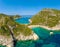 Porto Timoni beach at Afionas is a paradise double beach with crystal clear azure water in Corfu, Aerial view, Ionian island,