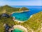 Porto Timoni beach at Afionas is a paradise double beach with crystal clear azure water in Corfu, Aerial view, Ionian island,