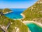 Porto Timoni beach at Afionas is a paradise double beach with crystal clear azure water in Corfu, Aerial view, Ionian island,