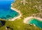 Porto Timoni beach at Afionas is a paradise double beach with crystal clear azure water in Corfu, Aerial view, Ionian island,