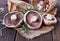 Portobello mushrooms over rustic wooden background