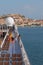 Portoferraio, Elba Island, Italy - Jul 10, 2019: Deck of cruise liner and city on sea shore