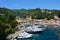 PORTOFINO, ITALY - JUNE 13, 2017: spectacular panorama of Portofino town with its harbour with yachts and boats, Portofino, Liguri