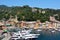 PORTOFINO, ITALY - JUNE 13, 2017: spectacular panorama of Portofino town with its harbour with yachts and boats, Portofino, Liguri