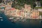 Portofino luxury landmark panorama. Village and yacht in little bay harbor. Liguria