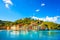 Portofino luxury village landmark, panorama view. Liguria, Italy