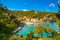 Portofino luxury village landmark, panoramic aerial view. Liguria, Italy