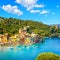 Portofino luxury village landmark, panoramic aerial view. Liguria, Italy