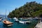 Portofino small harbor with green water and fortress
