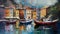 Portofino taly oil paint impressionism art old houses sea boat in lagoone mediterranean sea old town