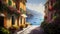Portofino taly oil paint impressionism art old houses sea boat in lagoone mediterranean sea old town