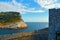 Portovenere, Italy View of Portovenere beach and Palmaria island from the Church of Saint Peter and old medieval castle. Liguria