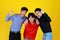 Portrait 3 adults asian men are teamwork and them are raise a fist up look feel confident and smile on face.Shooting in studio