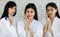 Portrait 3 asian adults women with long black hair wearing apa style white robes Smiling and looking at the camera her hands