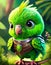 portrait of 3D render bright green baby parrot, adorable big eyes, big head in a garden , lush greenery, whims, Wear a war suit,