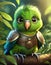 portrait of 3D render bright green baby parrot, adorable big eyes, big head in a garden , lush greenery, whims, Wear a war suit,