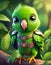 portrait of 3D render bright green baby parrot, adorable big eyes, big head in a garden , lush greenery, whims, Wear a war suit,