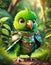portrait of 3D render bright green baby parrot, adorable big eyes, big head in a garden , lush greenery, whims, Wear a war suit,
