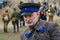 Portrait of actor dressed as Russian Soviet officer Of World War II in military-historical reconstruction in Volgograd.