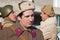 Portrait of actor dressed as Russian Soviet soldier of World War II in reconstruction of the capture of field Marshal Paulus in Vo