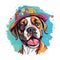Portrait of adorable boxer dog wearing colorful hat on white background. Colorful watercolor.