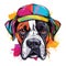 Portrait of adorable boxer dog wearing colorful hat on white background. Colorful watercolor.