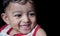 A portrait of an adorable indian baby looking at downwards and right with selective focus on front eye with copy space