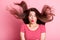 Portrait of adorable lady nice hair flying kiss lips pomade isolated on pastel pink color background