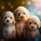 Portrait of adorable poodle puppies looking at camera while sitting over blurred abstract bokeh soft light nature