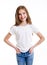 Portrait of adorable smiling little girl child preteen in jeans and white t-shirt isolated
