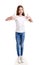 Portrait of adorable smiling little girl child preteen in the white t-shirt pointing to yourself by forefingers isolated