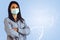 Portrait of adult female wearing protective mask. medical background, patient trust . Healthcare emergency medical
