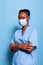 Portrait of african american therapist assistant wearing protection medical face mask